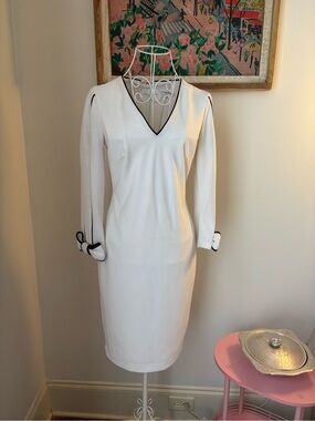 Calvin Klein White Long Sleeve V-Neck Dress with Black Trim